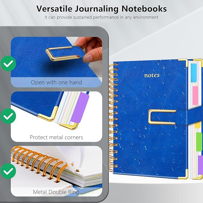 Hardcover Spiral Notebook College Ruled, 8"x10" Leather Journal Notebook with Magnetic Closure, 300 Pages 5 Subject Notebook with Dividers Tabs Journal for Women Men, Work, School(College Blue)