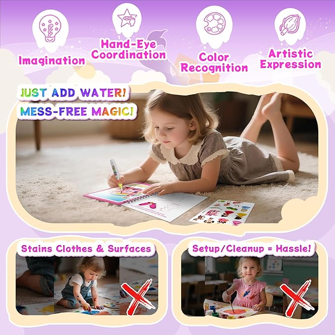 Reusable Water Coloring Books for Toddlers 1-3 with 18+ Stickers & No-Mess Pen, Princess Theme Water Coloring Books for Toddlers 1-3, Magic Paintless Painting Book for Toddler, Paintless Painting Book