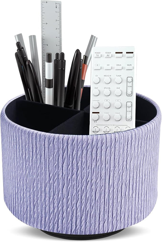 Round Leather Art Supply Organizer,Remote Control Holder,360 Degree Spinning,Multi-Functional Pencil Holder,4 Compartments Desktop Stationary Organizer(1-Vertical Wood Purple)