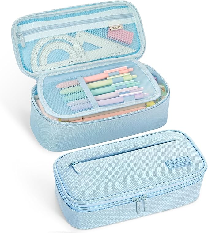 SUNEE Cute Pencil Case, Large Capacity Pencil Pouch, Big Storage Organizer for Stationery, Zipper Pen Bag, Back to School Supplies, Office Organizer Makeup Bag, for Teen Girl Boy Men Women, Blue