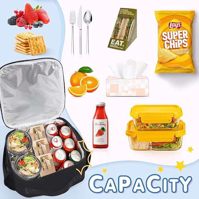 Nsrzua Insulated Lunch Bag With Adjustable Shoulder Strap, Reusable Lunch Bag for Kids, Girls, Boys, Women, Preppy Lunch Box for School, Travel, Picnic (Black)