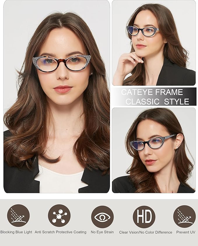 EYEURL 3-Pack Cat Eye Reading Glasses for Women Blue Light Blocking Computer Readers with Rhinestones Anti UV Rays Eyeglasses with Spring Hinges 2.75