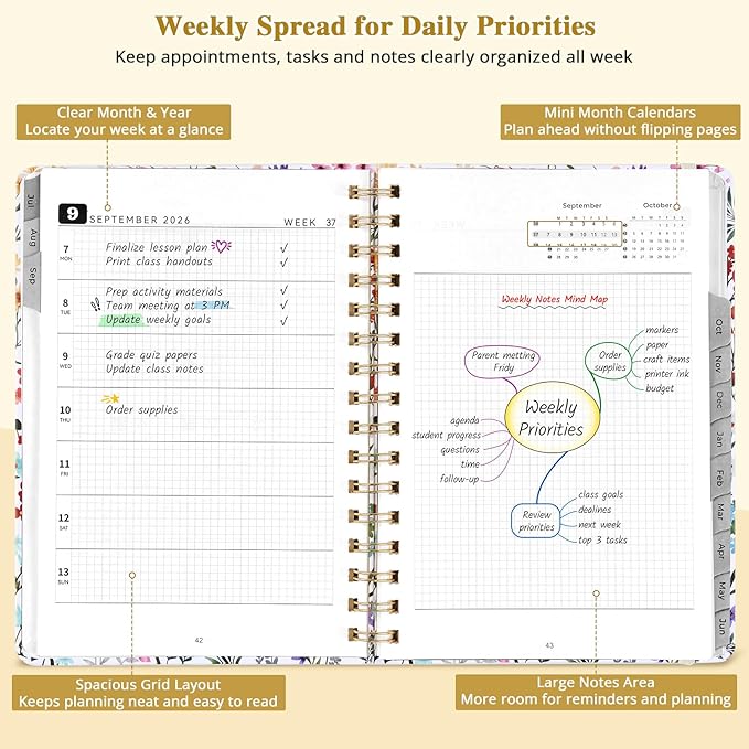 JoyCat 13-Month Academic Planner 2026-2027, June 2026 - June 2027, A5 Weekly & Monthly Planner, Hardcover Agenda with Tabs, 5 Sticker Sheets, Elastic Closure & Pocket for Teachers & Students, 6.3" x 8.5", Wildflower