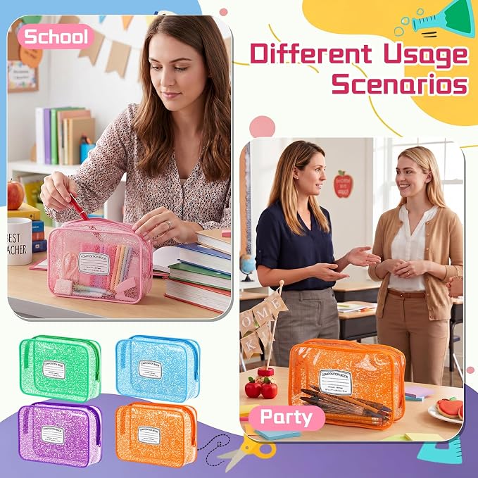 Suclain 12 Pcs Back to School Teacher Gift, Teacher Survival Kit Bag, Colorful Composition Book Zipper Cosmetic Pouches, Transparent PVC Pencil Case Waterproof Toiletry Makeup Bag for School Supplies