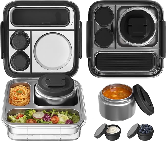 Stainless Steel Bento Lunch Box for Kids Adults with 8oz Insulated Food Jar,Ice Pack,Leak-proof,Dishwasher-Safe,Transparent Lid with Sauce Cup and Cutlery Storage for School & Travel,BPA-Free(Black)