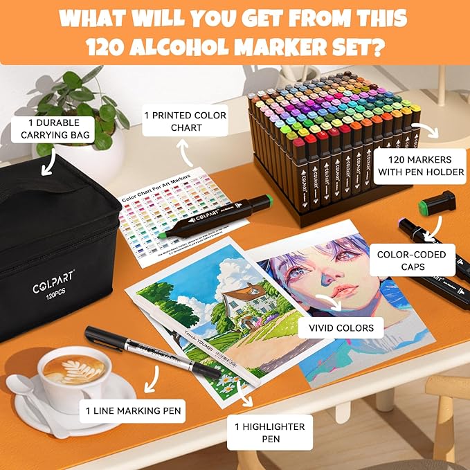 colpart 120 Colors Alcohol Markers Set Dual Tip Art Markers for Kids Marker Pens with Pen Holder and Case for Adult Painting Supplies Perfect for Painting, Coloring Book, Sketching and Drawing
