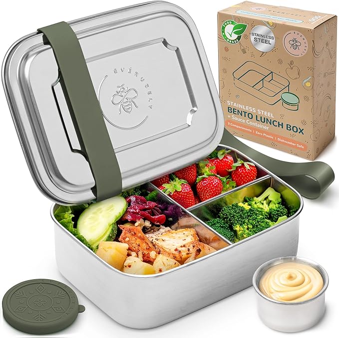 Everusely - Bento Box - Sage, 37oz / 1.1 L - Stainless Steel Lunch Box with Leakproof Condiment Container - 3 Compartment Snack Organizer for On the Go Meals - Freezer & Dishwasher Safe