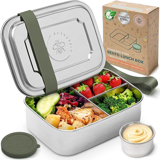 Everusely - Bento Box - Sage, 37oz / 1.1 L - Stainless Steel Lunch Box with Leakproof Condiment Container - 3 Compartment Snack Organizer for On the Go Meals - Freezer & Dishwasher Safe