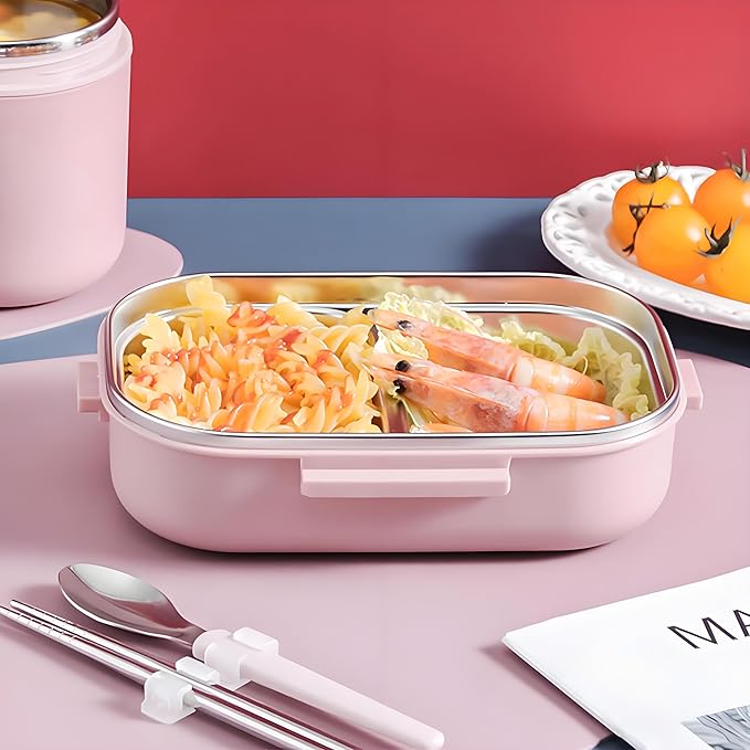 Stainless Steel Lunch Box, 2 Compartment Bento Box for Adults, Easy to Clean, Leak-Proof Design, Food Storage Container with Tableware for Family, Work, Picnics and Travel(800ml, Pink)