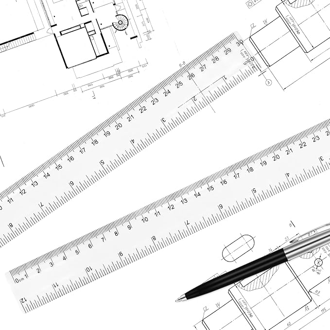 Unjoo Clear Plastic Ruler 12 Inch Straight Rulers, Shatterproof Ruler with Inches and Centimeters for School Classroom, Home, or Office (2pcs)