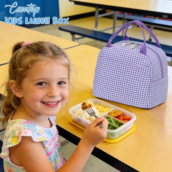 CAMTOP Lunch Box Kids Insulated Lunch Bag Large Reusable Leakproof Cooler Lunch Bags for Boys Girls School Travel Picnic (Purple and White Checkered)