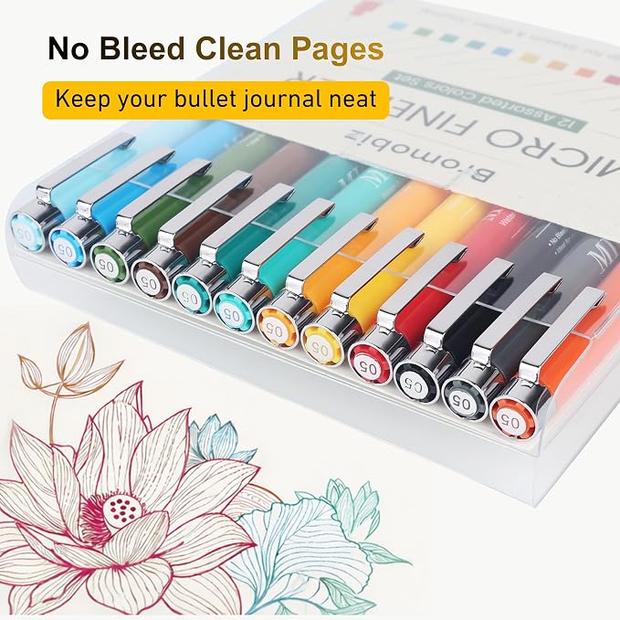 12 Colors Fineliner Pens Set, 0.5mm Fine Point Needle Tip Pens, No Bleed Waterproof Archival Ink for Drawing, Bullet Journal, Bible Journaling, Note Taking