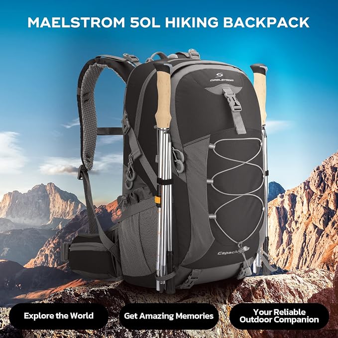 Maelstrom 50L Hiking Backpack, Lightweight Camping Daypack with Rain Cover | Water-Resistant Rip-Stop Nylon, Wet/Dry Separation, Multi-Pockets, Survival Whistle. Ideal For Men, Women, Travel, Trekking