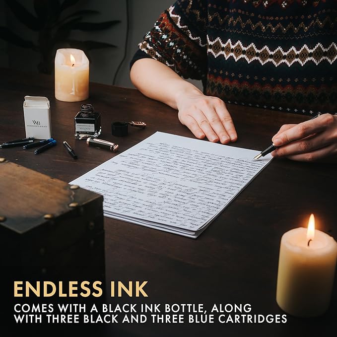 Wordsworth & Black Fountain Pen Set, 18K Gilded Medium and Extra Fine Nib, 25ML Black Bottle, 6 Ink Cartridges, Refill Converter, Smooth Writing Pens [Black Rose Gold], Gift Set for Men and Women