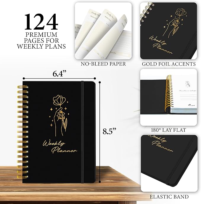 Undated Weekly Planner & Notebook for Work, School & Home — Aesthetic Hardcover Spiral Blank Planner with Habit Tracker, Goal Organizer & To Do List—124 No-Bleed Pages, 6.4×8.5", Black