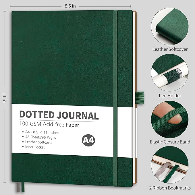 RETTACY Dotted Journal Notebook, 96 Pages, A4 Large Size (8.5'' x 11''), Leather Softcover, 100 GSM Thick Paper, for Journaling, Planning, Tracking (Dark Green)