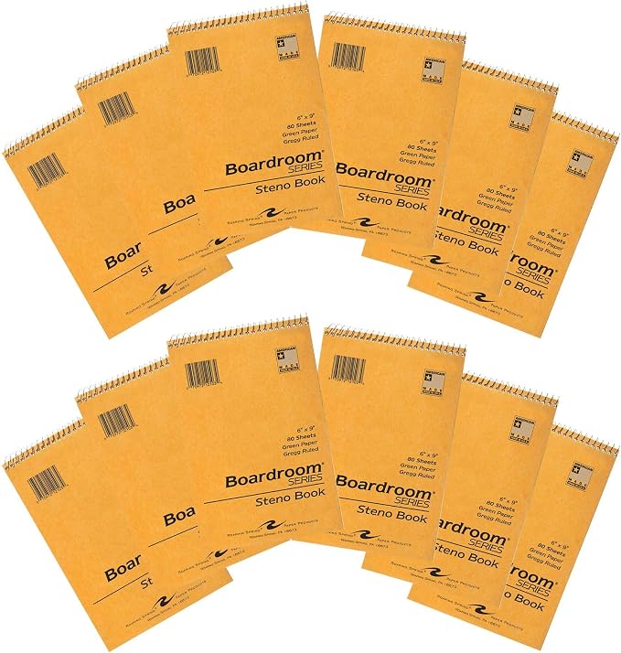 Roaring Spring Spiral Steno Pad, 6"x9", 12-Pack, Gregg Ruled, 80 Sheets 15lb Green Paper Per Book, Proudly Made in The USA!, Snag Proof Wire, Stiff Board Covers