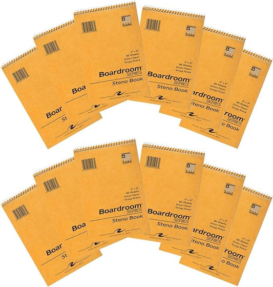 Roaring Spring Spiral Steno Pad, 6"x9", 12-Pack, Gregg Ruled, 80 Sheets 15lb Green Paper Per Book, Proudly Made in The USA!, Snag Proof Wire, Stiff Board Covers