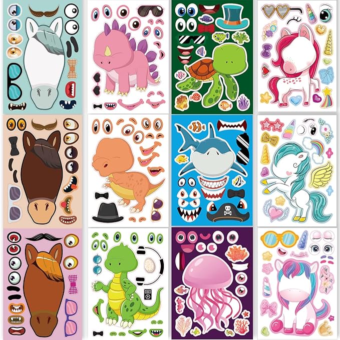 24 Sheets 8.27''×5.9'' Make Your Own Stickers for Kids Toddlers, Make a Face Stickers Mix and Match with Unicorns Dinosaur Horse and Sea Animals for Kids Party Favors Activities