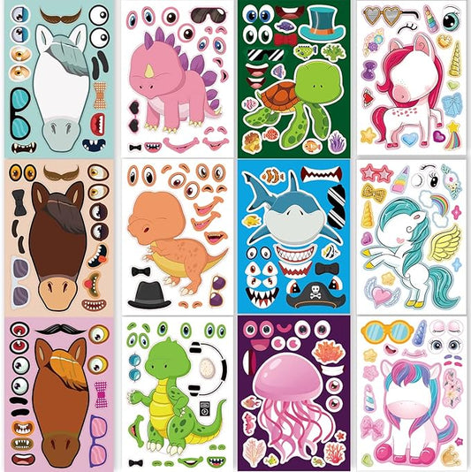 24 Sheets 8.27''×5.9'' Make Your Own Stickers for Kids Toddlers, Make a Face Stickers Mix and Match with Unicorns Dinosaur Horse and Sea Animals for Kids Party Favors Activities