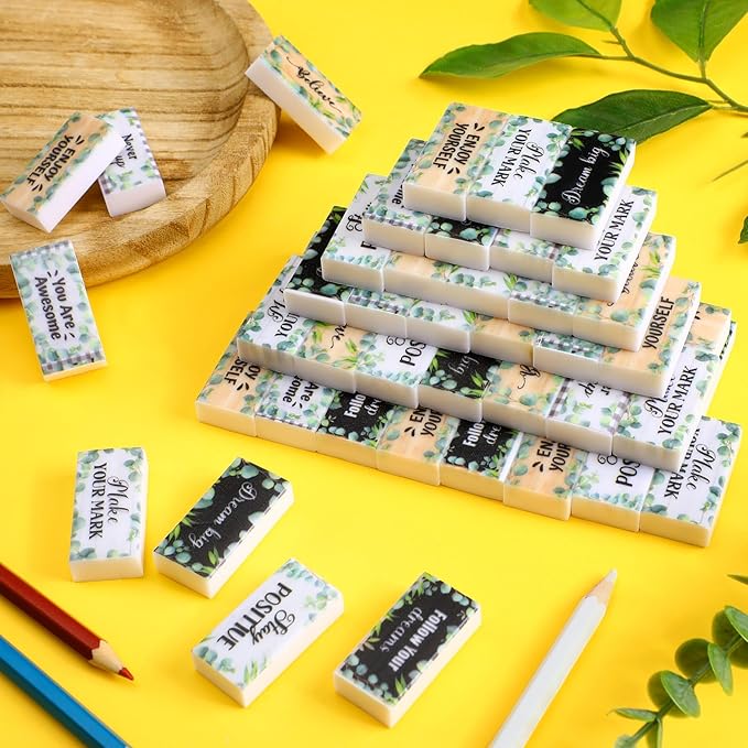 Dunzoom 100 Pcs End of Year Inspirational Pencil Erasers Bulk for Kids Back to School Fun Motivational Eraser School Office Supplies for Students Classroom Office Teacher Artists(Eucalyptus Leaf)