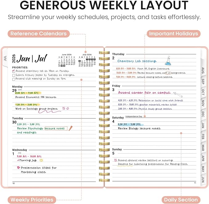 Planner 2026-2027, 6.3" x 8.5" Weekly and Monthly Academic Year Planner Calendar, July 2026 - June 2027, Hardcover Large School Planning Agenda With Tabs, Perfect for School & Office Supplies, A5, Pink
