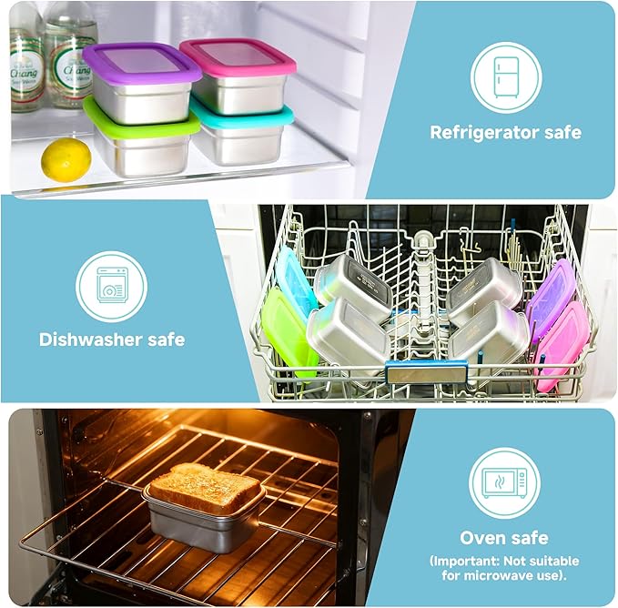 BEFOY Stainless Steel Snack Containers with Clear Silicone Lids for Kids/Adult Leak Proof Stackable Metal Lunch Box for Kitchen Storage, Meal Prep Easy Open & BPA-Free Stackable Box for Daycare