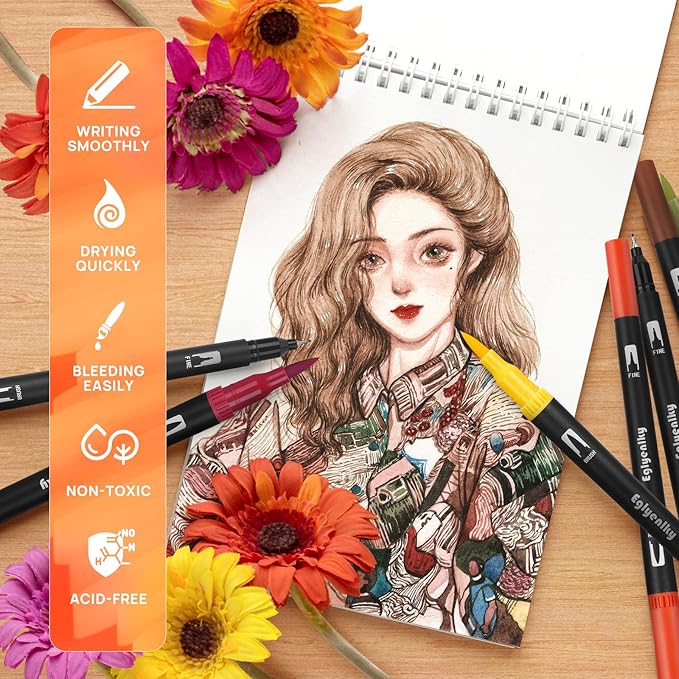 Eglyenlky Colored Markers for Adult Coloring, Coloring Books for Adults Relaxation, 36 Marker Set Felt Tip Marker with Brush and Fine Tip for Adult Teen Kid