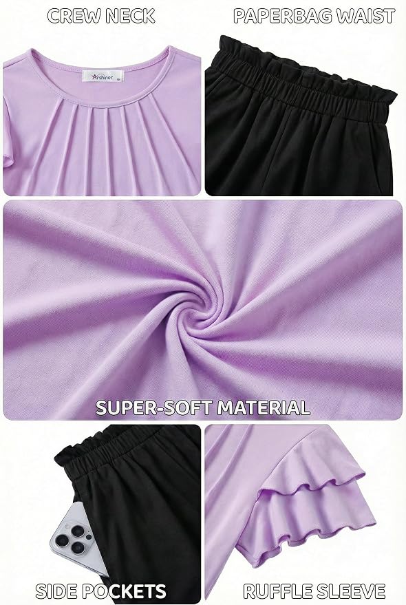 Arshiner Girls 2 Piece Outfits Summer Ruffle Sleeve Top and Paperbag Waist Shorts Set with Pockets Size 5-13 Years