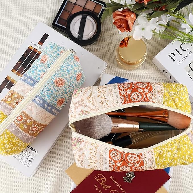 URSKYTOUS 2Pcs Floral Makeup Bag for Women Cotton Quilted Coquette Cosmetic Bag Cute Zipper Mixed Flower Makeup Pouch Aesthetic Portable Pencil Pouch Travel Toiletry Bag Trendy Cloth Skincare Bag