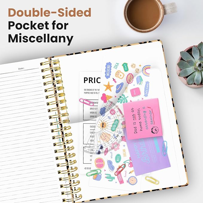 Large Spiral Notebook with Dividers & Tabs, 8.5" x 11" Hardcover 5 Subject Notebook for Work, 280 Pages, College Ruled, Cute Journal for Women, Perfect for Study & Office Note Taking, Leopard