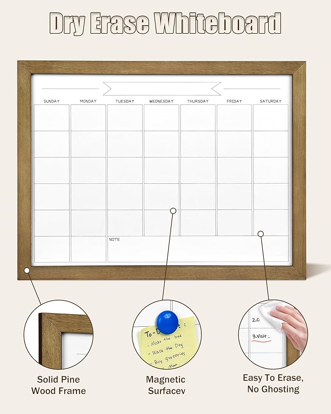 Dry Erase Monthly Calendar Whiteboard, Magnetic Surface White Board for Wall, Office/School/Home, Solid Pine Wood Rustic Brwon Frame Hanging Board & Planning Board, 13"x 17" (YL-RB-3343-B)