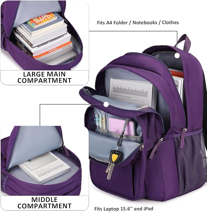 abshoo Girls Solid Color Backpack For College Women Water Resistant Large School Bag (Purple)