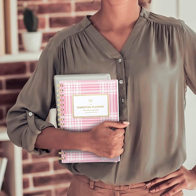 AT-A-GLANCE Planner 2026-2027 Weekly & Monthly Academic 12-Month July-June, 5-1/2" x 8-1/2", Front Cover Pocket, Simplified by Emily Ley, Oversized Plaid (EL51-201A)