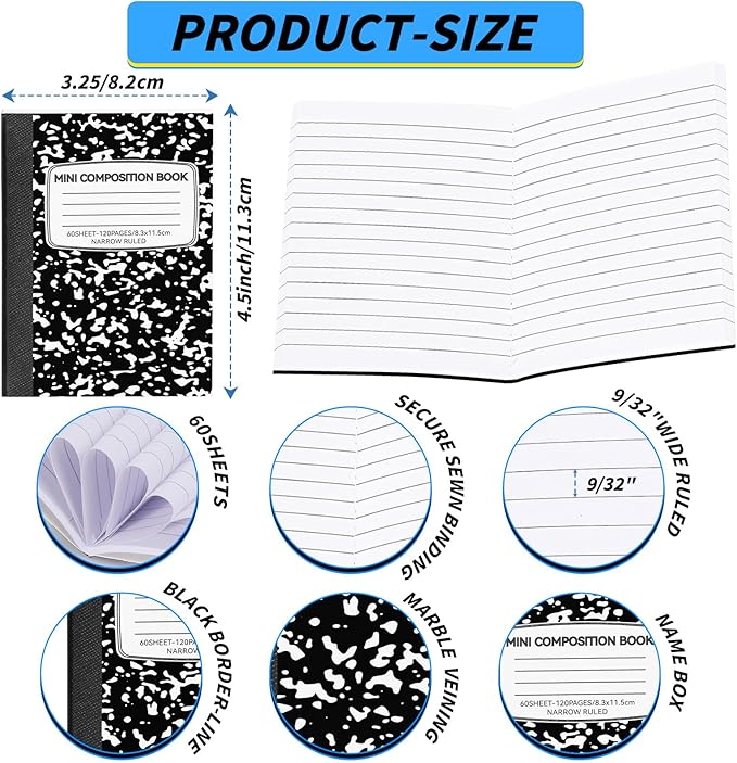 48 Pack 4.5" x 3.25" Mini Composition Notebooks Bulk College Ruled Half Composition Notebook Narrow Ruled Small Pocket Marble Journal 60 Sheets for Students Office School Supplies