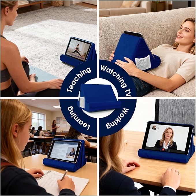 2pcs Multi-Angle Tablet Holder Cushion Stand with Net Pocket & Black Color Phone Stands Upgraded Tablet Pad Support for Phone,Pad,Books (Navy Blue)