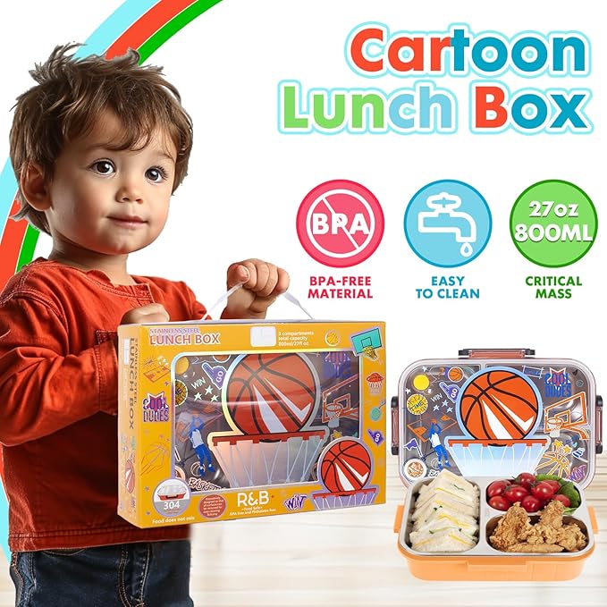 Stainless Steel Bento Lunch Box for Kids, 800ml/27oz BPA-Free Leak-Proof Food Containers with 3 Compartments, Freezer & Dishwasher Safe, Back to School Students Lunches Size for Ages 3-7