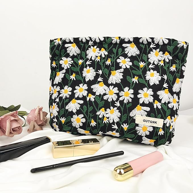 GUTGNK Corduroy Ladies Cosmetic Bag, Large Capacity Canvas Cosmetic Bag Travel Toiletry Bag Accessories Organizer, Black Chrysanthemum