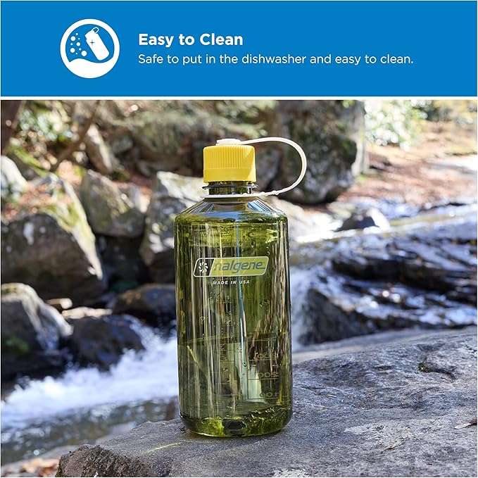 Nalgene 32 oz Narrow Mouth Water Bottle | BPA-Free, Durable & Leak Proof, Lightweight for Hiking & Gym – Thrill & Motion, Oil Green w/Freesia