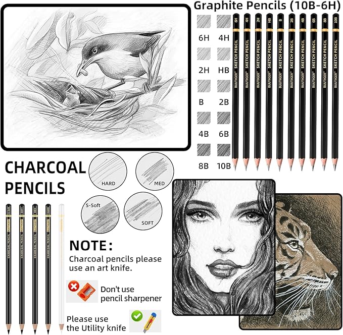 22-Piece Drawing kit Sketch Pencils Set - Graphite Pencils (6H-10B) Black and White Charcoal Pencil Charcoal Sticks - Drawing Pencil Kit for Artists Adults Teens Beginner, Ideal for Shading, Blending