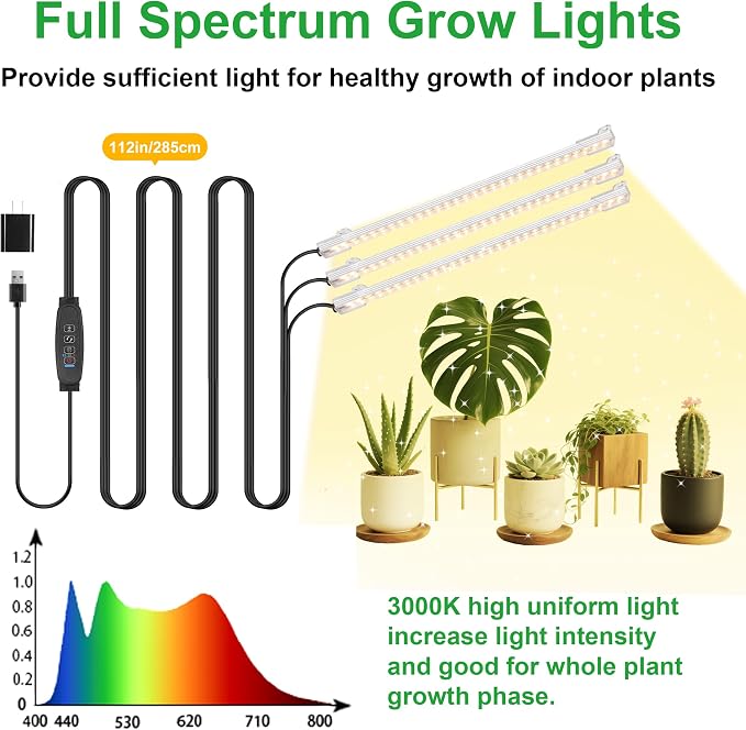10.2'' 3 Head Grow Light Strips, LED Grow Lamps for Indoor Plants, Full Spectrum 3000K, Plant Light with 3/9/12H Timer, 10 Dimmable Levels for Seedling Succulent, Match for Plant Shelf (Pack of 2)