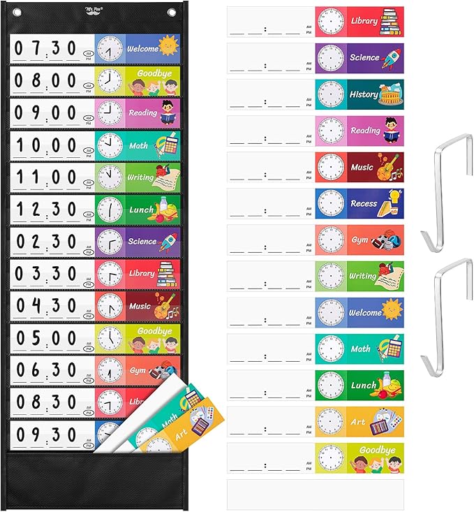 Mr. Pen Daily Schedule Pocket Chart, 13+1 Pockets, 26 Double Sided Reusable Cards (13 Colored+13 Blank), 12.8'x35', Classroom Schedule Chart