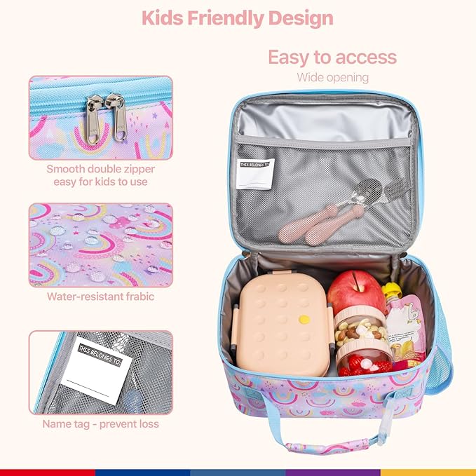 Bagseri Kids Lunch Bag Girls - Thermal Insulated Lunch Box Tote with Water Bottle Holder, Reusable Leak-Proof Kids Lunch Box for Daycare & School, Pink Rainbow (Containers Not Included)