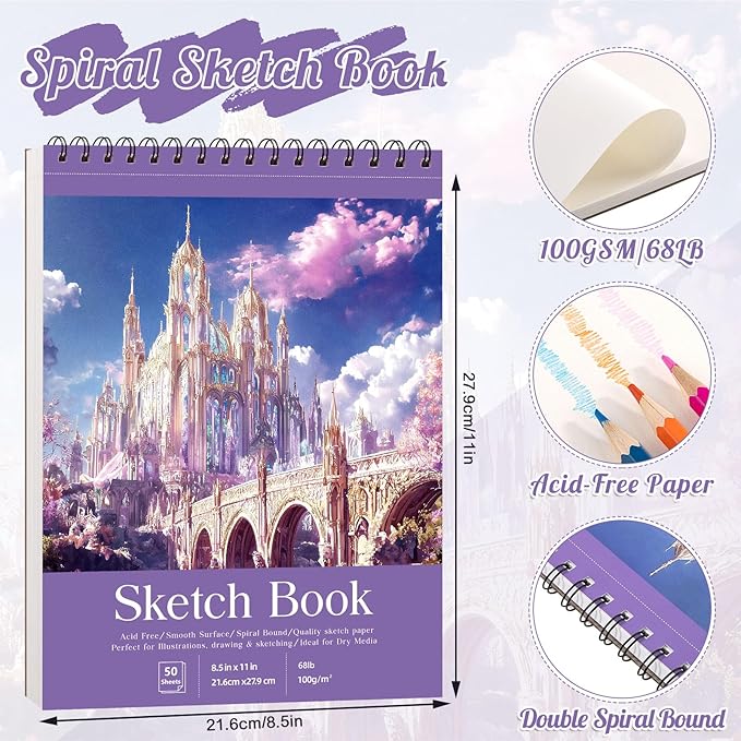 Sketch Book 8.5×11 inch, Spiral Bound Sketch Pad 100 Sheets (68lb/100gsm), Acid-Free Sketchbook for Drawing Painting Sketching, Art Paper Drawing Supplies for Teens Adults Artists Ideal Gifts（Purple）