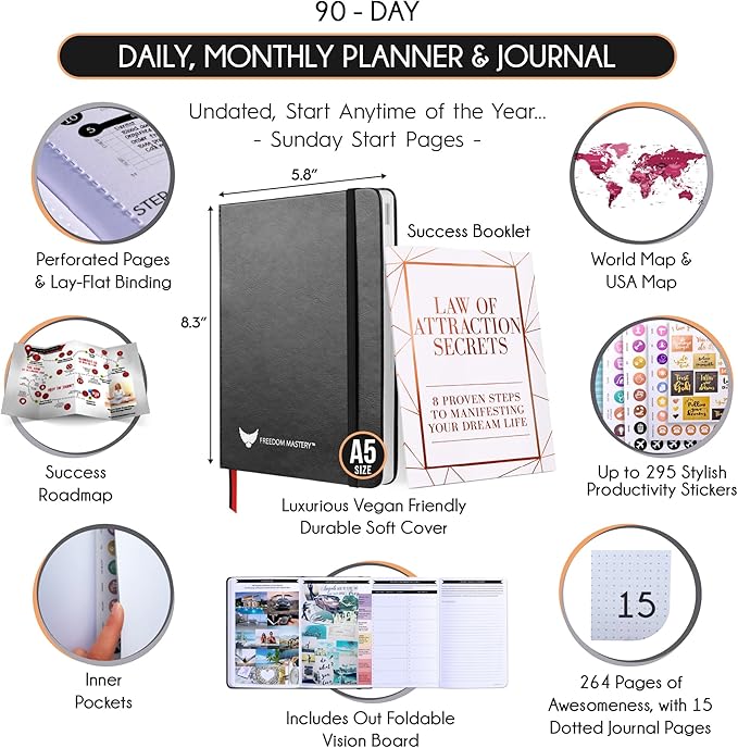 Gratitude Journal for Women and Men — 5 Minute Self Care Journal | Mindfulness, Manifestation, Affirmation | 3 Month Productivity Planner | Undated Daily Planner, Vision Board + Stickers