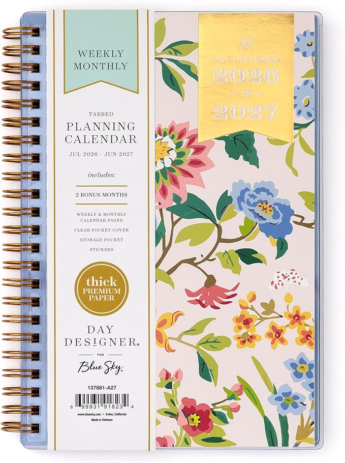 Blue Sky Day Designer 2026-2027 Weekly and Monthly Academic Year Planner Calendar, July 2026 - June 2027, 5" x 8", Clear Pocket Cover, Laminated Tabs, Storage Pocket, Includes Stickers, Climbing Floral Blush