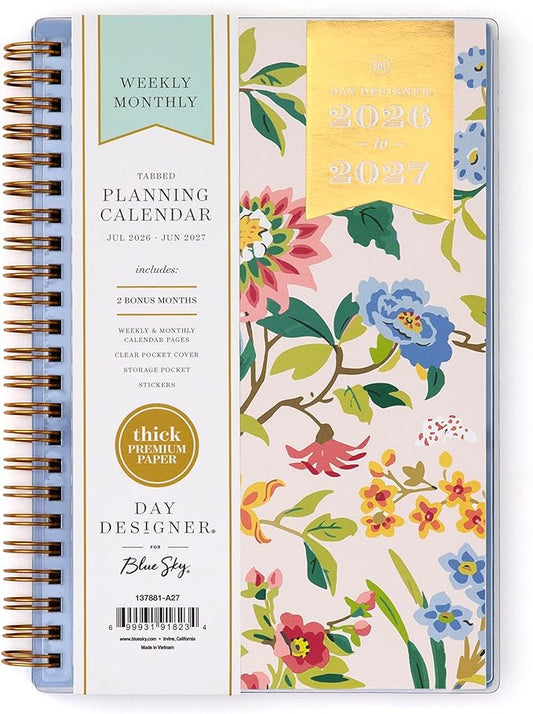 Blue Sky Day Designer 2026-2027 Weekly and Monthly Academic Year Planner Calendar, July 2026 - June 2027, 5" x 8", Clear Pocket Cover, Laminated Tabs, Storage Pocket, Includes Stickers, Climbing Floral Blush