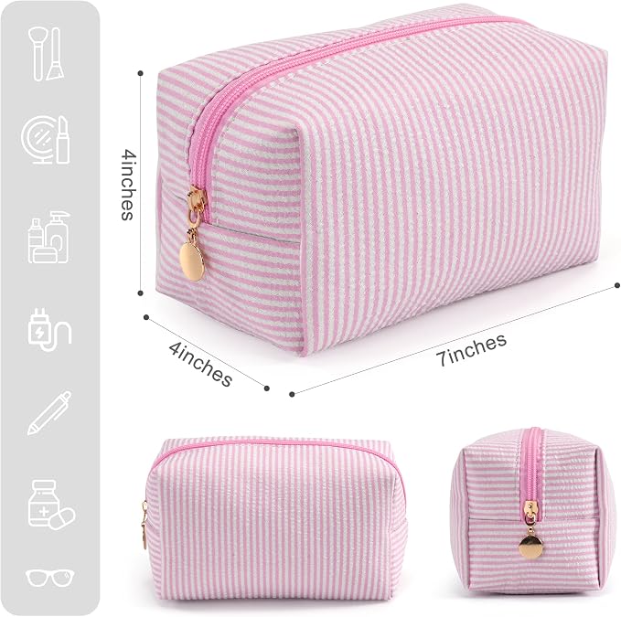 Makeup Bag Set for Women, 6PCS Travel Cosmetic Bags Pencil Case, Striped Seersucker Toiletry Organizer Pouches, Cute Makeup Pouch for Purse, Accessories and Gifts, Colorful
