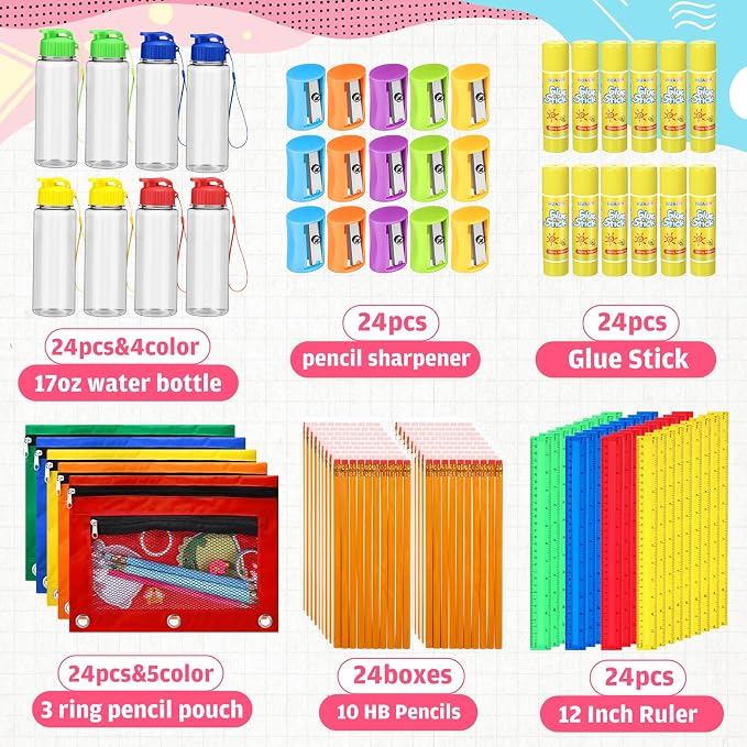 168 Pcs/24 Sets School Supplies Kit Bulk Back to School Essentials Schools Backpack Donation Water Bottle Pencil Pouch HB Pencil Plastic Ruler Sharpener Glue Stick Christmas Donation Set