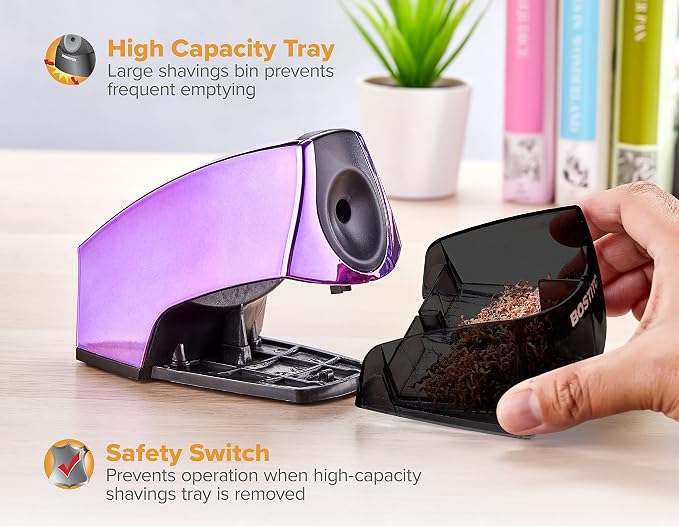 Bostitch Office Electric Pencil Sharpener for Classroom & Desk Use, Heavy-Duty Stall-Free Motor, High-Capacity Shavings Tray, Metallic Purple (Pack of 6)